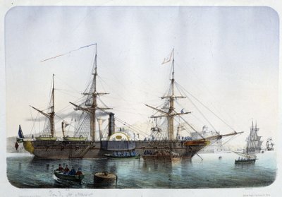 Stoomfregat in de haven van Toulon, circa 1850 door French School
