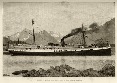 Stoomboot The Queen, in de haven van Sitka (Alaska, VS). Gravure door Bocher, in 1890, in Le tour du monde, nouveau journal des voyages, uitgegeven door Edouard Charton (1807-1890), 2e semester 1891, editie Hachette, Parijs door French School