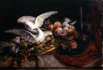 Stilleven met twee witte duiven, c.1840 door French School
