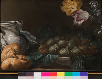Stilleven met bord vijgen, kruik, bloemen en brood, 1740-50 door French School