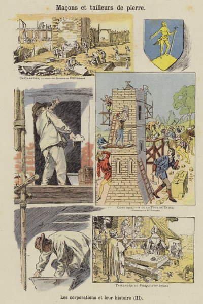 Steenhouwers en metselaars (kleurenlitho) door French School