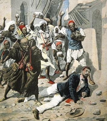 Steniging van dokter Emile Mauchamp in Marrakesh, omslagillustratie van Le Petit Journal, 7 april 1907 door French School