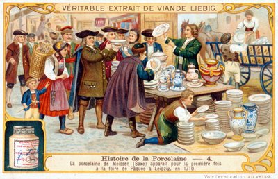 Verhaal van porselein nr. 4: Meissen porselein (Saksen) verscheen voor het eerst op de Paasmarkt in Leipzig in 1710. Liebig chromolithografie door French School