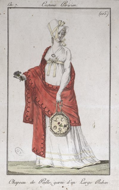 Strohoed met een lint, modeplaat uit Costumes Parisiens, 1799 door French School