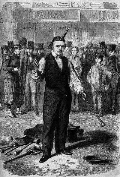 Straatartiest: een batonist (jongleur met stokken) in de straten van Parijs door French School