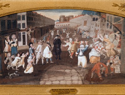 Straatartiesten in de Rue St Antoine, Parijs door French School