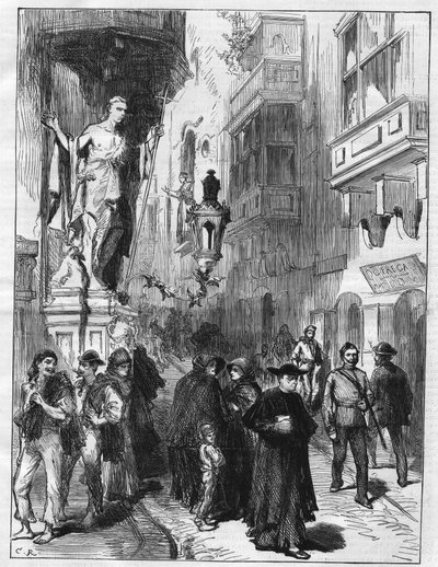 Straat in Valletta op het eiland Malta. Gravure in "L