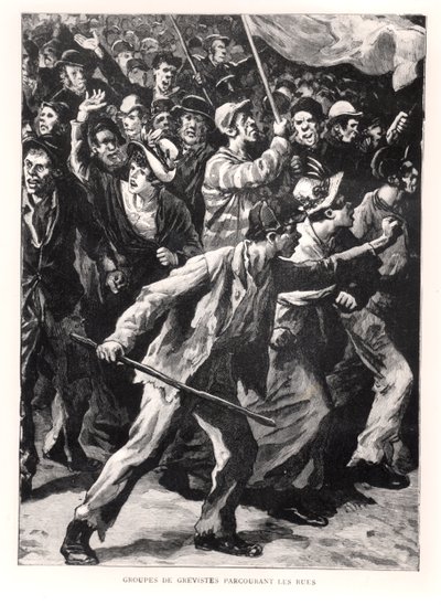 Stakers demonstreren op de straten van Chicago tijdens de Pullman-rellen van 1894, ca. 1895 door French School