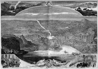 Suezkanaal: panoramisch uitzicht op het gat in de landengte van Suez (Egypte), waarvan de bouw begon in 1859. Gravure door Morin in 