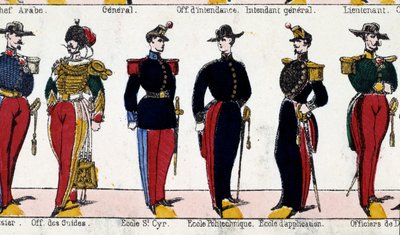 Kostuums voor studenten van de officier van gidsen, de school van Saint Cyr, Polytechnique en de toepassingsschool. Gravure uit de 19e eeuw. Parijs, Musee Carnavalet door French School