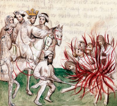 Supplice van de Tempeliers: Jacques de Molay (Molai) grootmeester van de Orde van de Tempeliers en enkele van zijn metgezellen worden beschuldigd van ketterij en losbandigheid door koning Filips IV, bijgenaamd de Schone, en geëxecuteerd op 4 maart door French School
