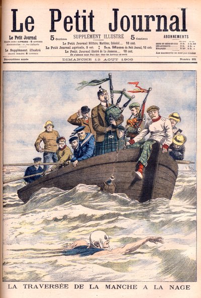Het Kanaal overzwemmen. Engelsman Jabez Wolffe maakt de eerste van zijn 22 mislukte pogingen om het Kanaal over te zwemmen. La traversée de la Manche à la nage door Jabez Wolffe (1877-1943) - Illustratie voor Le Petit Journal door French School