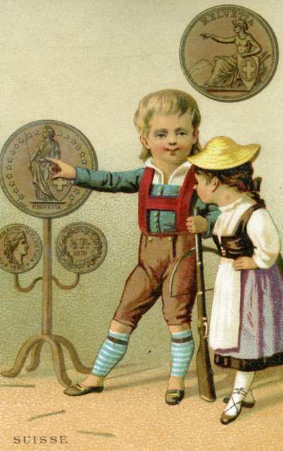 Zwitserse jongen en meisje die een etalage met Zwitserse francs bewonderen, uit een serie promotiekaarten over valuta in verschillende landen, gepubliceerd in Parijs door Baster & Vieillemard voor gebruik door de chocoladeproducent door French School
