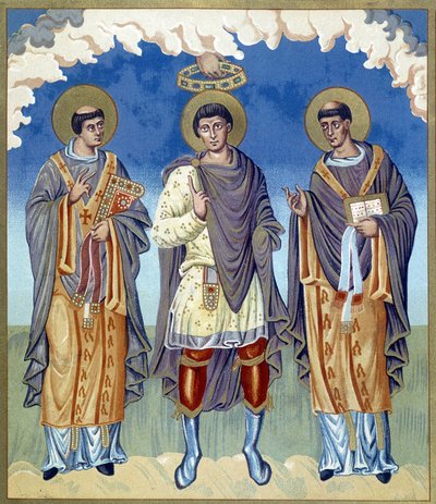 Symbolische kroning van een Franse Prins omringd door religieuzen. Illustratie uit 
