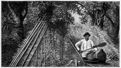 Syringuero bezig met het roken van latex om rubber te vormen. Gravure uit 1898. door French School