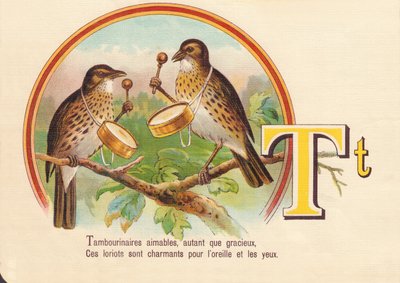 T: Tambourinspelers vriendelijk, net zo gracieus, Deze loriots zijn charmant voor oor en oog door French School
