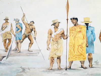 Tahitische hoofden aan boord van Coquille, ontwerp door Jules-Louis Lejeune, gebaseerd op Reis rond de wereld door French School
