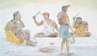 Tahitische doekkloppers, door LF Lejeune uit de Reis van Louis I Duperrey (1822-1825), Polynesië 19e eeuw Aquarel door French School