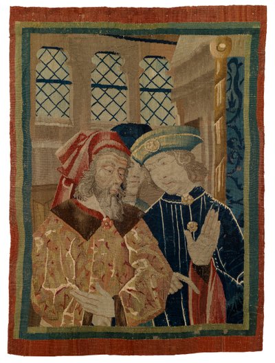 Wandtapijt fragment met drie figuren door French School