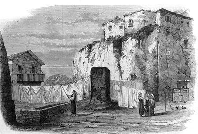 Tarpeïsche rots bij het Capitool in Rome. Plaats van executie tot het einde van de Republiek: criminelen ter dood veroordeeld werden van de klif geworpen. Gravure naar een tekening van M. Mariani in 