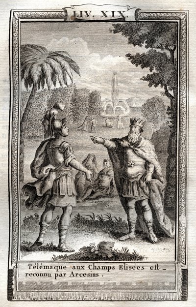 Telemachus in de Champs Elysées wordt herkend door Arcesius - gravure van 1798 naar Monnet in 