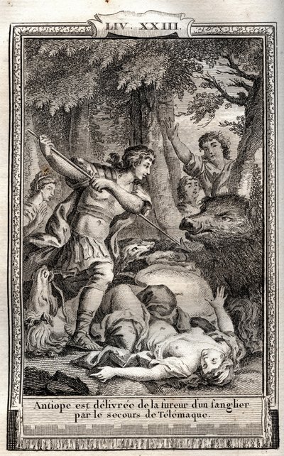 Telemachus bevrijdt Antiope van een wild zwijn - gravure uit 1798 door Monnet in Les Aventures de Telemachus, fils d