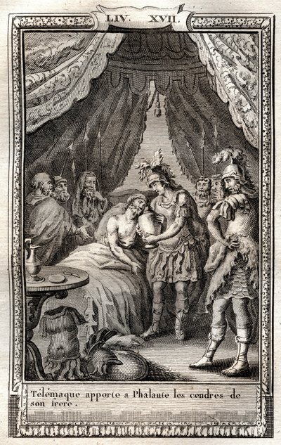 Telemachus verzorgt de wonden van Phalante en brengt hem de as van zijn broer - gravure van 1798 naar Monnet in "Les Aventures de Telemaque, fils d