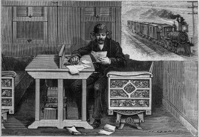 Telefonische communicatie van rijdende treinen, systeem van Thomas Edison (1847-1931): een medewerker uitgerust met telefonische apparatuur ontvangt een toespraak in een rijdende auto. Gravure in 