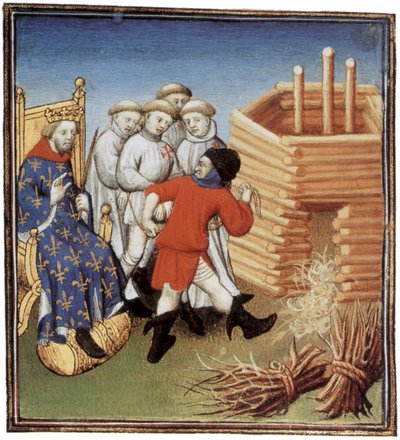 Tempeliers worden geëxecuteerd onder toezicht van de Franse koning Filips IV de Schone in 1310, illuminatie door French School