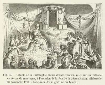 Tempel van de Filosofie opgericht voor het oude altaar, op een podium in de vorm van een berg, ter gelegenheid van het feest van de godin Rede gevierd op 20 november 1793, Facsimile van een gravure uit die tijd door French School