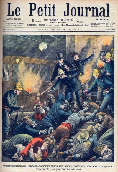 Vreselijke ramp in de Parijse metro, voorpagina van Le Petit Journal, 23 augustus 1903 (gravure) door French School