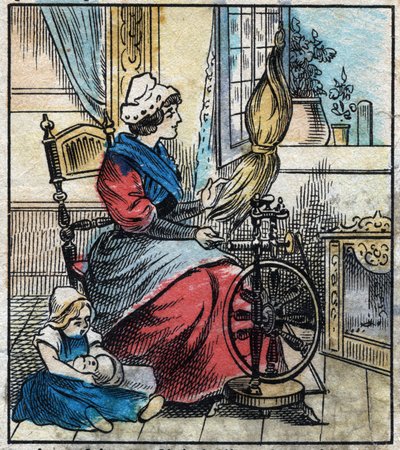 Textiel, linnen. Een vrouw gebruikt een mechanisch spinnewiel om linnen te spinnen. Gravure. Epinal afbeelding eind 19e eeuw. door French School