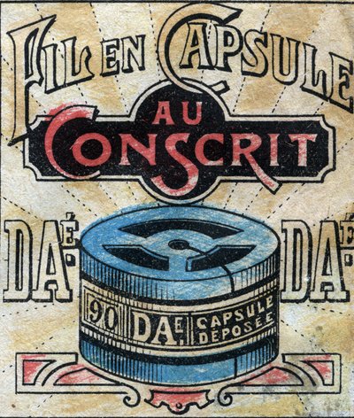 Textiel, linnen. Capsule voor het gebruik van Dae naaigarens. Gravure. Epinal afbeelding eind 19e eeuw. door French School
