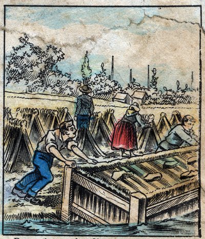 Textiel, linnen. Vlasroest: Om strofilamenten te scheiden, worden vlasbundels in water gedompeld. Gravure. Epinal imaging eind 19e eeuw. door French School