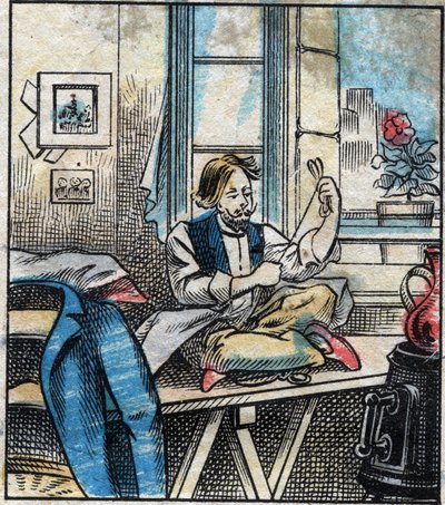Textiel, linnen. Naaigaren gesneden in strengen. Gravure. Epinal afbeelding eind 19e eeuw. door French School