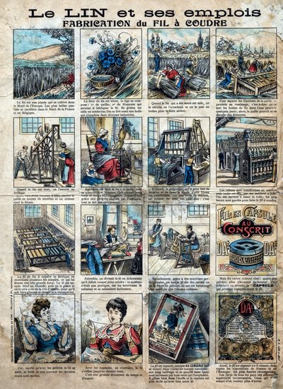 Textiel, linnen. De stappen van naaien, vervaardigen, gebruiken en vermarkten van vlas om naaigaren te maken. Gravure. Epinal afbeelding eind 19e eeuw. door French School