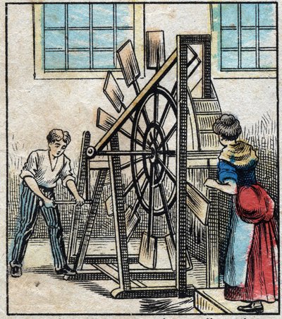 Textiel, linnen. Bewerking van het vlas om het stro te laten vallen door middel van de molens en zo de vezels te verkrijgen. Gravure. Epinal afbeelding eind 19e eeuw. door French School