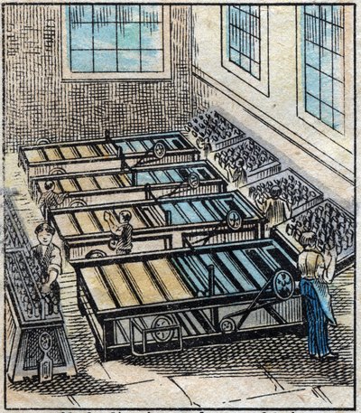 Textiel, linnen: werkplaats. Vlas bestaat uit verschillende enkele garens die vervolgens worden geverfd of gebleekt en daarna met bijenwas worden bedekt om het resistent en glad te maken. Gravure. Epinal afbeelding eind 19e eeuw. door French School