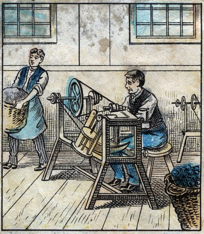 Textiel, linnen: werkplaats. De naaigaren worden op kaarten of rollen in een bal gelegd. Gravure. Epinal afbeelding eind 19e eeuw. door French School