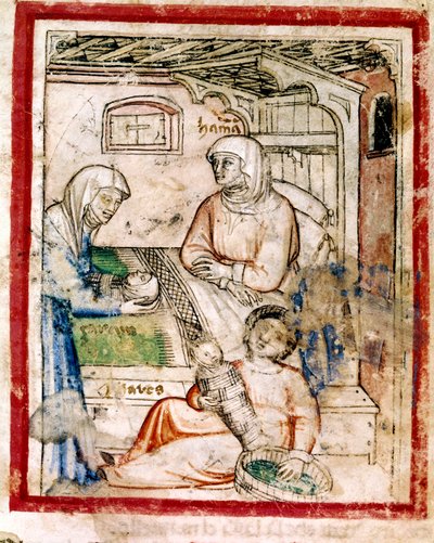 Thamar (Tamar) baart twee tweelingen, Perets en Zerah, zonen van Juda, miniatuur uit codex 212 (of padovano codice of Bijbel van Padua) 1390-1400 door French School