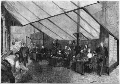 De Salon van 1872: een zitting van de jury van schilderijen. Van rechts naar links zijn Meissonnier, Ph. Rousseau, Breton, G. Boulanger, Robert Fleury (Robert-Fleury), Fromentin, Jalabert, Mazerolles, Brion, Bonnat, Baudry, Dubuffe, Delauney, Cabat. Gravur door French School