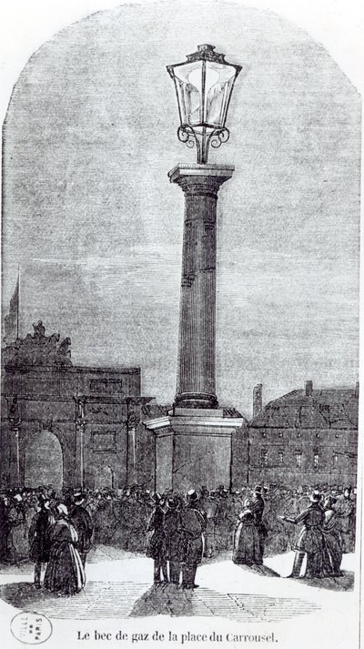 De eerste gaslamp in Parijs op Place du Carrousel in 1818 door French School
