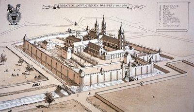 De abdij van Saint-Germain-des-Prés ca. 1520 (kleurgravure) door French School