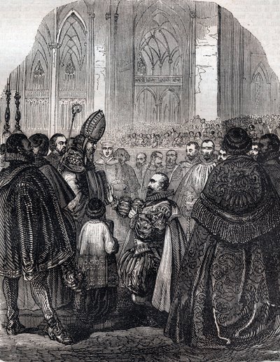 De Afzwering van Hendrik IV, koning van Frankrijk in Saint Denis op 25 juli door French School