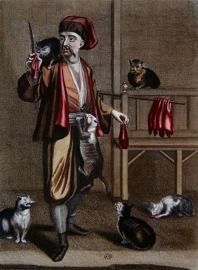 De Albanese Dgi-Guerdgi die katten voedt in de bazaar in Constantinopel met schapenlever, uit de Recueil d