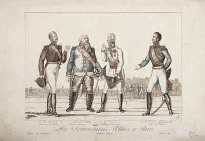 De Geallieerde Vorsten in Parijs, Alexander I, Keizer van Rusland, Lodewijk XVIII, Koning van Frankrijk, Frans I, Keizer van Oostenrijk en Frederik Willem III, Koning van Pruisen, uitgegeven door Martinet door French School