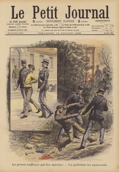 De Apachen zijn niet bang voor de gevangenis. De guillotine beangstigt hen (kleurenlitho) door French School