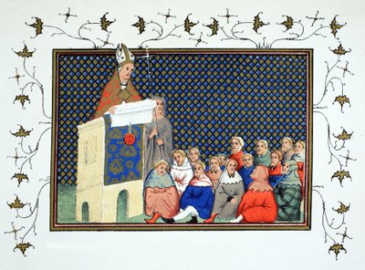 De aartsbisschop van Canterbury predikt tegen Richard II aan de Engelse adel, facsimile kopie uit Le Prinse et Mort du Roy Richart door Jean Creton, herdrukt 19e eeuw door French School