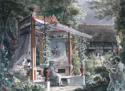 De architect Jacques Ignace Hittorff (1792-1867) in zijn tuin in Parijs door French School