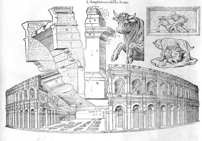 De Arena van Nîmes, illustratie uit Discours historial de lantique et illustre cite de Nismes door Jean Poldo d